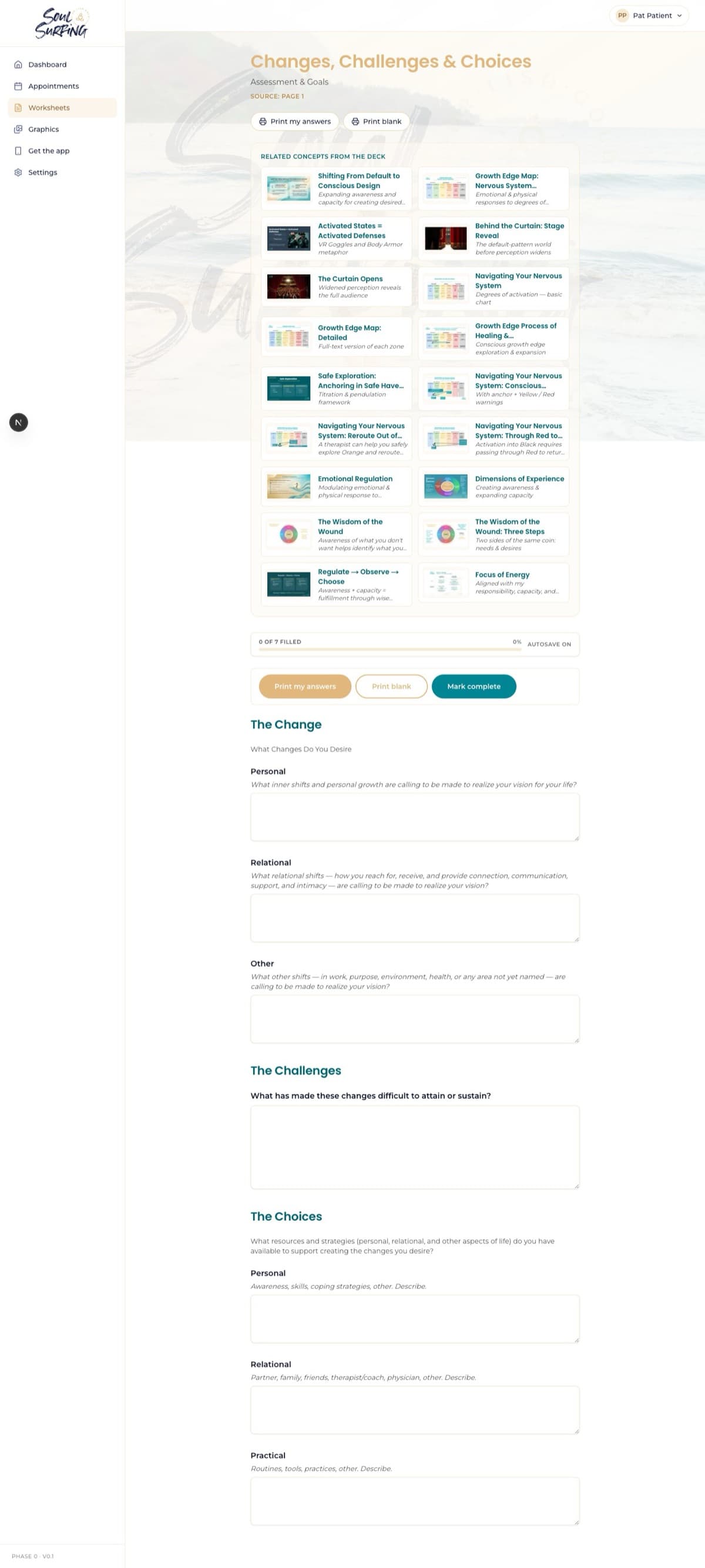 Soul Surfing Prep app — a session with its teaching graphics and worksheet