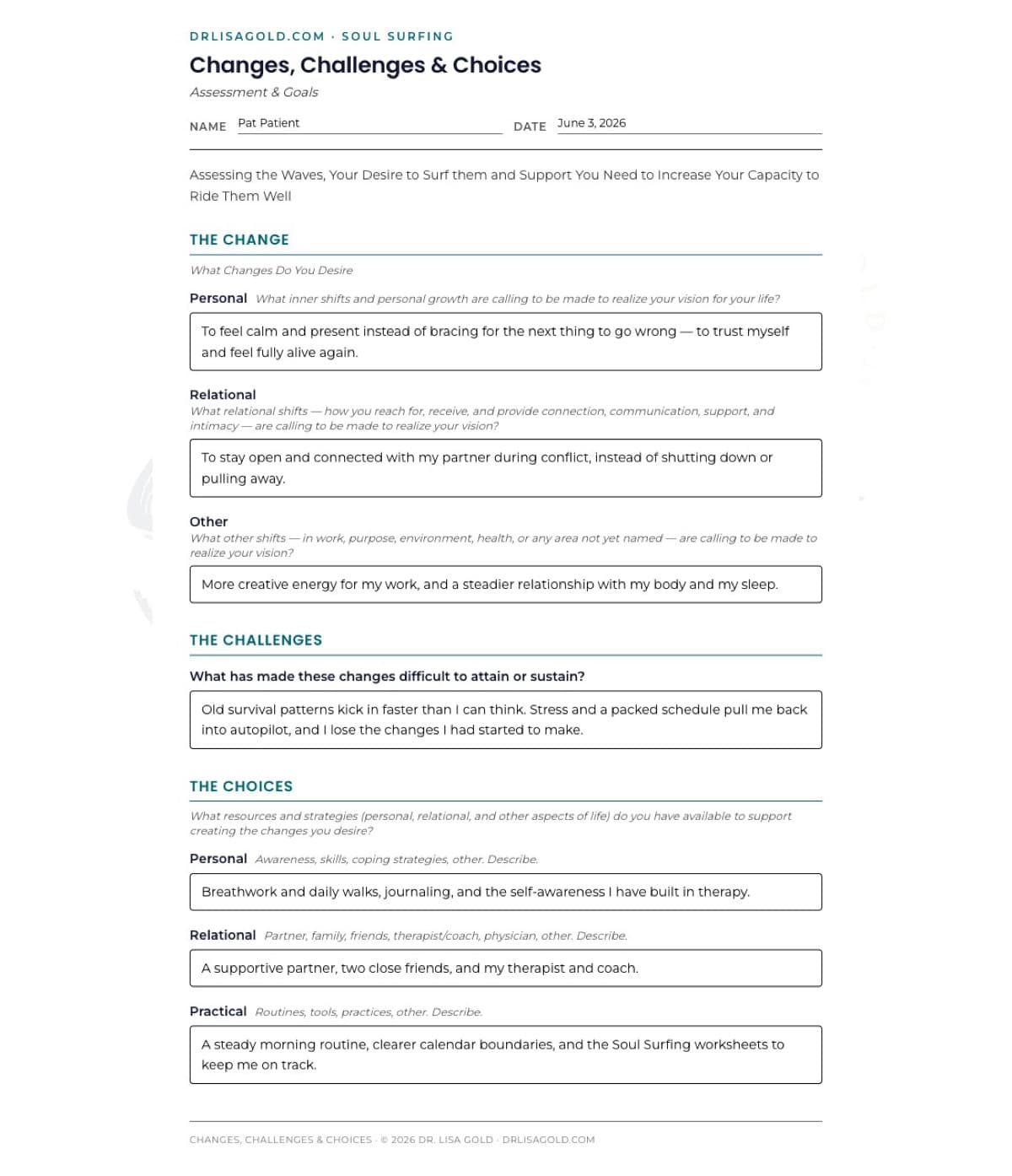 Soul Surfing Prep worksheet — completed and printed